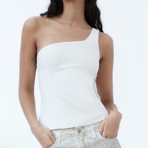 Zara White One shoulder Rhinestone Asymmetrical Top
